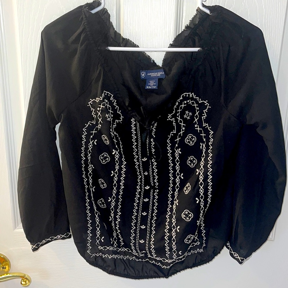 American Eagle Outfitters Black Embroidery Shirt